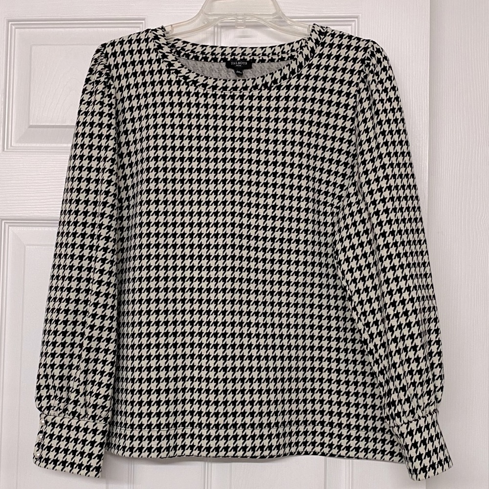 Talbots Classic Houndstooth Pullover Top Pearl Buttons Sz LP